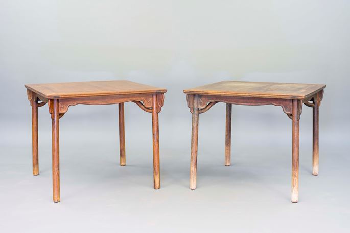 A pair of huanghuali square tables with triple aprons and stretchers | MasterArt